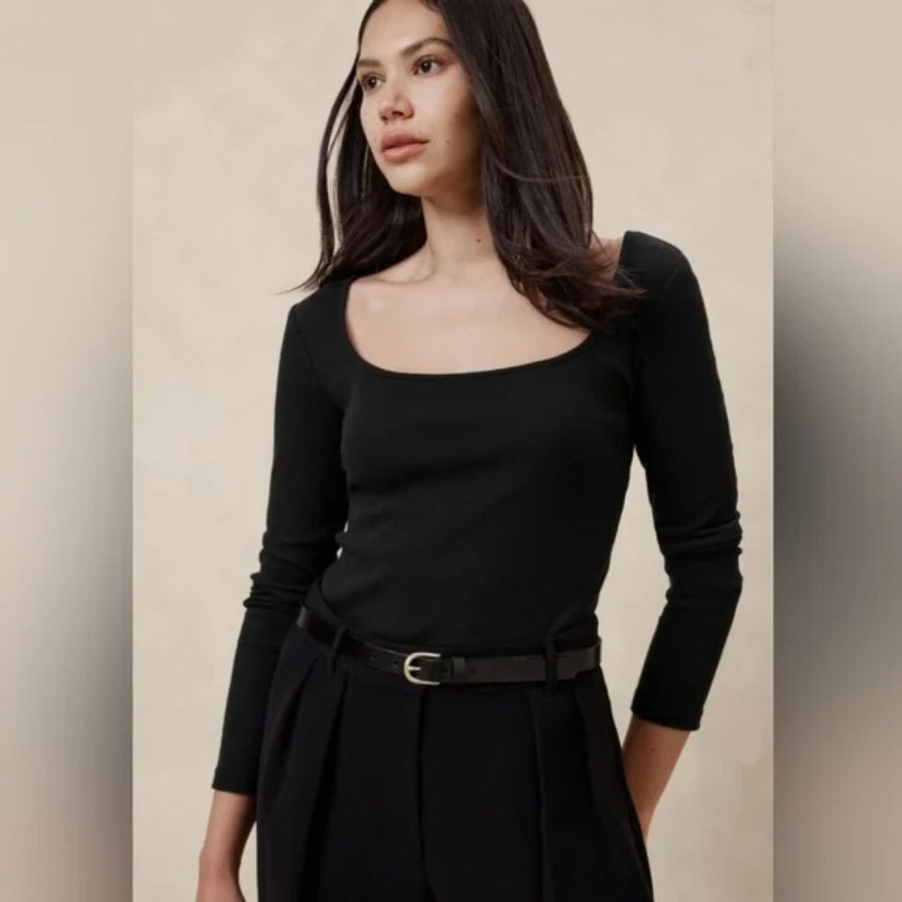 Banana Republic Factory Ribbed Square-Neck Top Black Size Medium NWT